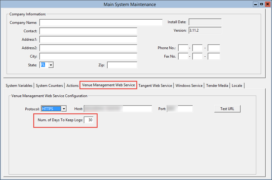 This figure shows the highlighted Num. of Days To Keep Logs field on the Venue Management Web Service tab of the Main System Maintenance module.