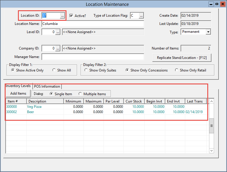 This figure displays the areas in which to remove Inventory Items from a Location in the Location Maintenance window.