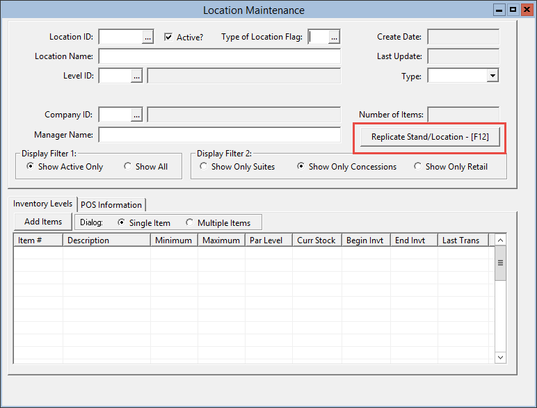 This figure displays the Replicate/Stand Location – [F12] button in the Location Maintenance window.