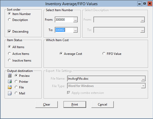 This figure displays the Inventory Average/FIFO Values window.
