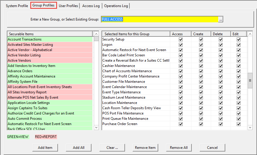 This figure displays the Group Profiles tab of the Security Profile Management window