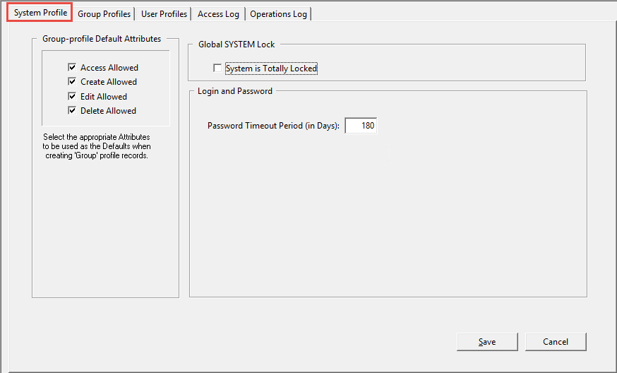 This figure displays the System Profile tab of the Security Profile Management window