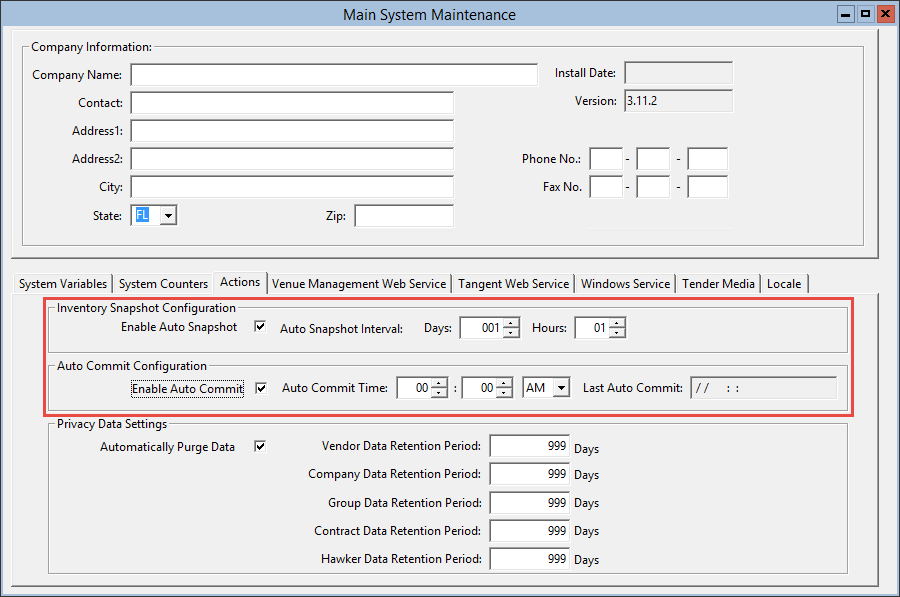 This image displays the Actions tab of the Main System Maintenance window.
