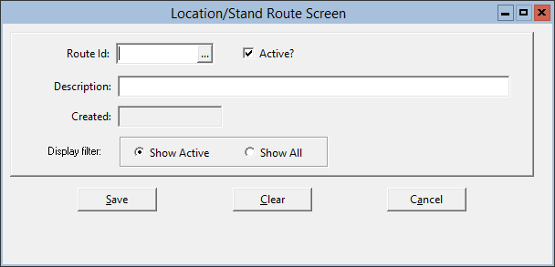 This figure displays the Location/Stand Route Screen window.