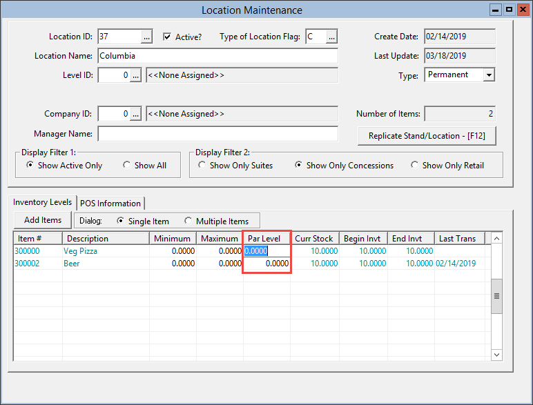 This figure displays the Par Level column within the Location Maintenance window.