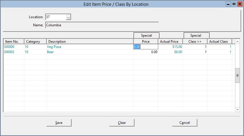 This figure displays the Edit Item Price/Class by Location window.