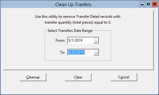 This figure displays the Clean Up Transfers window