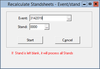 This figure displays the Recalculate Standsheets — Event/Stand window