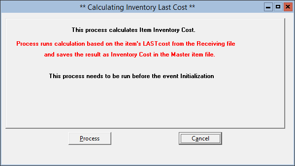 This figure displays the Calculating Inventory Last Cost window