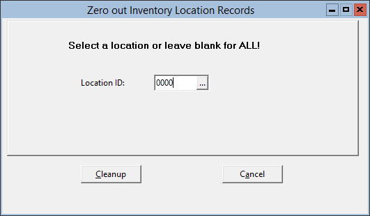 This figure displays the Zero Out Inventory Location Records window