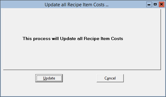 This figure displays the Update All Recipe Item Costs window.