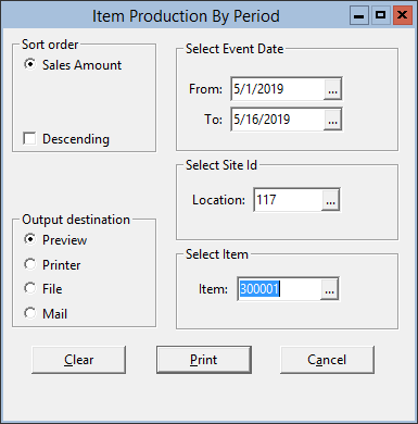This figure displays the Item Production By Period window