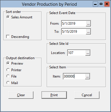 This figure displays the Vendor Production by Period window