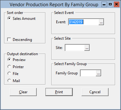 This figure displays the Vendor Production Report by Family Group window