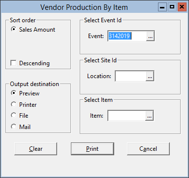 This figure displays the Vendor Production by Item window