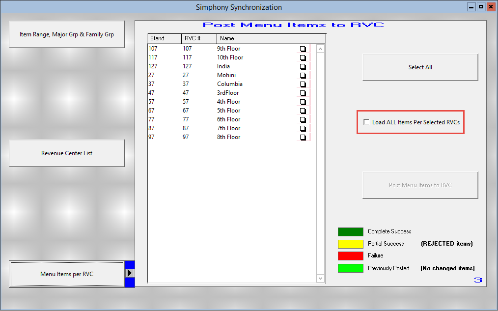 This figure displays the Menu Items per RVC section of the Simphony Synchronization window.
