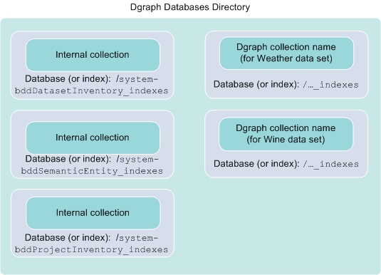This diagram shows that the Dgraph databases directory includes multiple databases, or indexes, for each of the data sets in BDD.