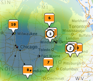 Map component with clusters of points
