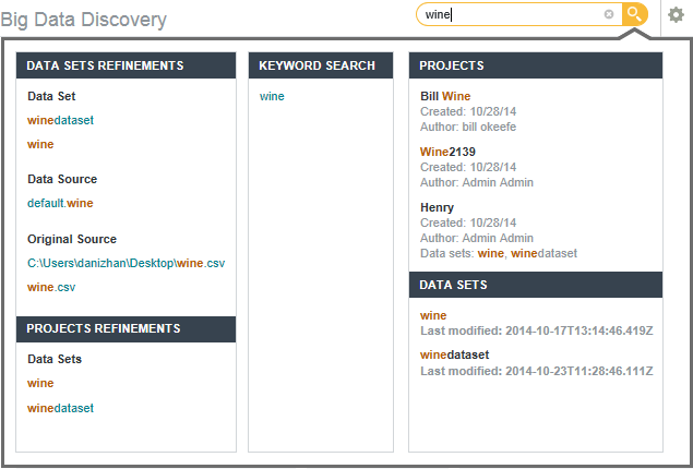 Search results panels for a search from the Catalog.