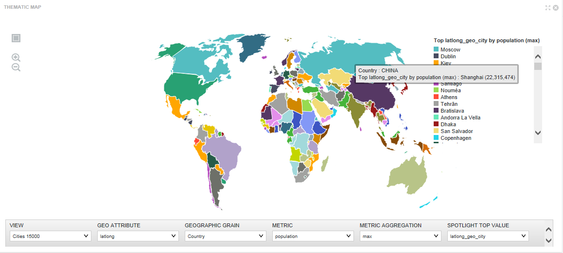 Shows a thematic map with the largest city in each country.
