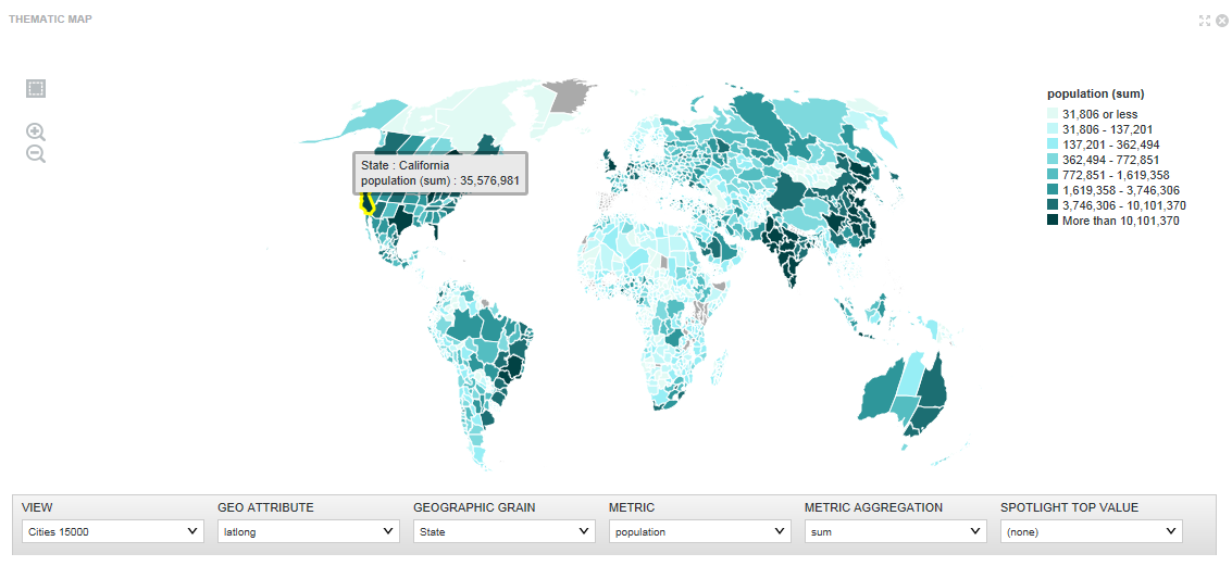 Displays a thematic map aggregated by state and then summed based on population.