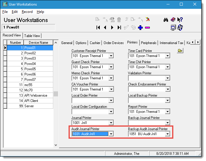 This figure shows the Audit Journal Printer and Backup Audit Journal Printer fields from the User Workstations module Printers tab.