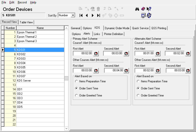 This figure displays the Alerts tab under KDS in the Order Devices window