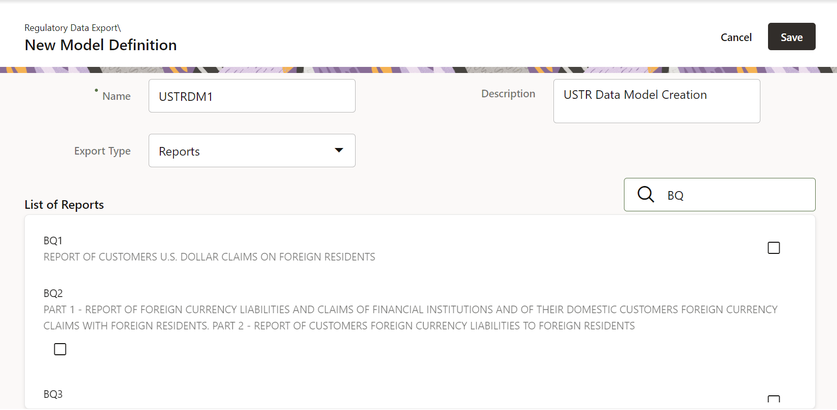Description of the New Model Definition page follows This illustration shows the creation of New Model Definition consisting of name, Description and Export Type fields.