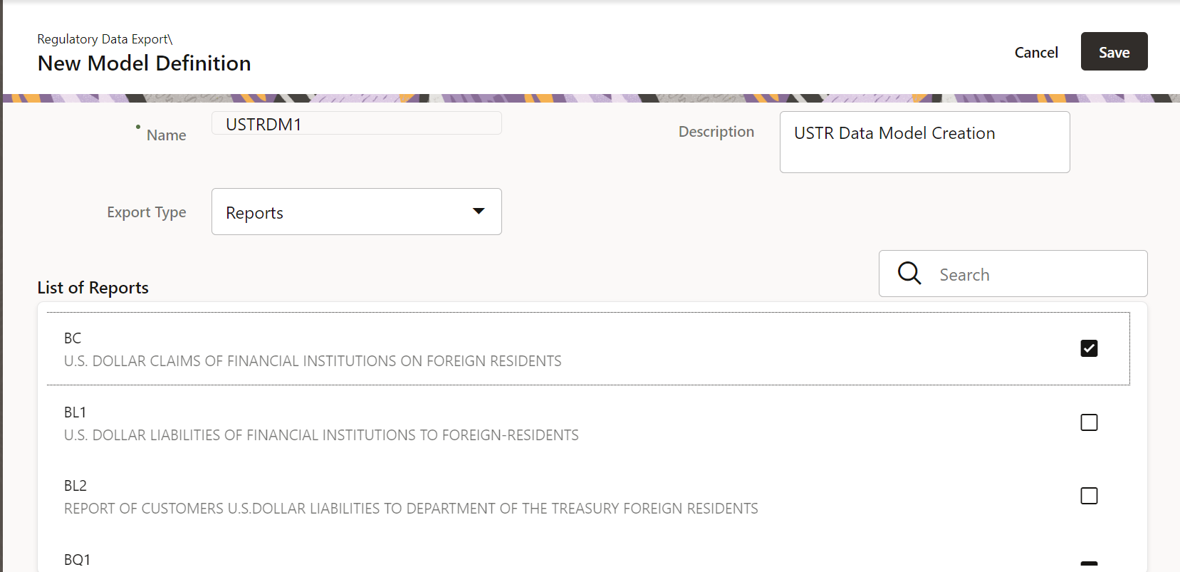 Description of the Edit or View Regulatory Data Export Definitions page follows This illustration shows the edit or view Regulatory Data Export Definitions details page.