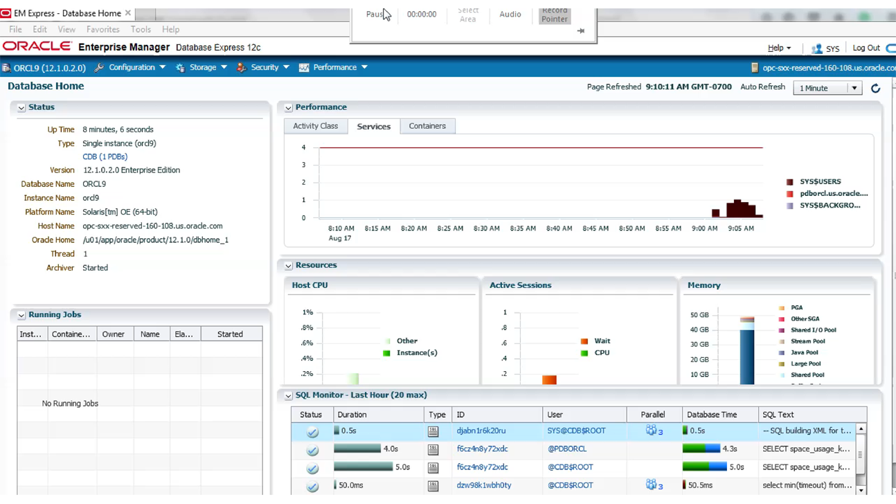 image:A screen shot showing Enterprise Manager Database Express.