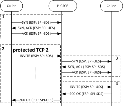 The IMS-AKA Call Establishment over TCP call flow is described below.