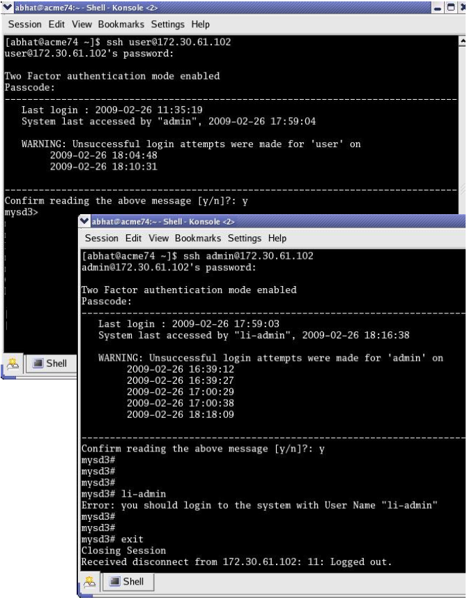 This screenshot shows remote SSH access for both user and admin.