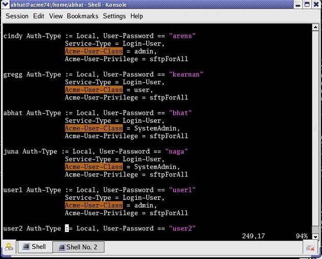 This screenshot of the CLI shows a RADIUS user's file, which provides the basis for server authentication and authorization decisions.