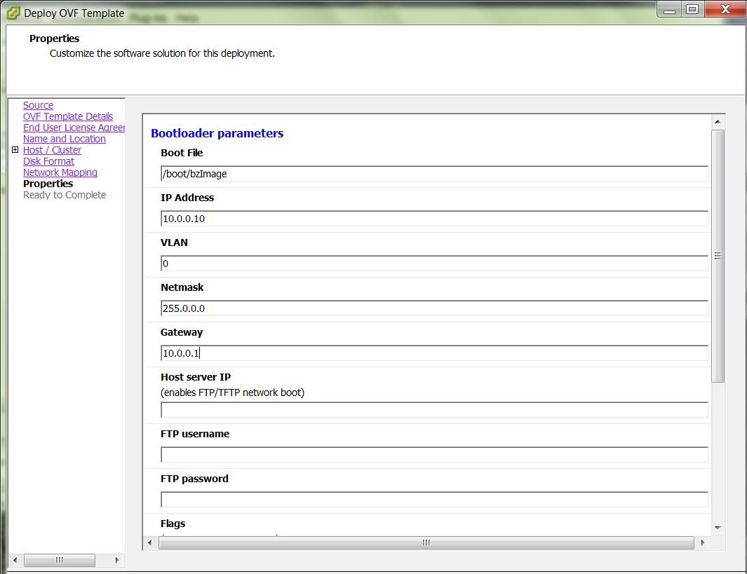 This image displays the Deploy OVF Template dialog box's Bootloader parameters.