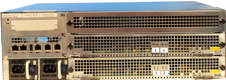 This image displays the rear view of the Acme Packet 6300 with the interfaces numbered to correspond to the table below. This image displays the rear view of the Acme Packet 6300 with the interfaces numbered to correspond to the table below.