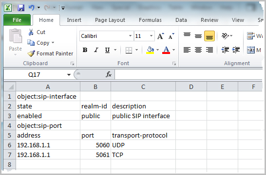 This image shows an example of a CSV file containing the sip-interface and sip-port objects.