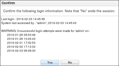 This image is a screen capture example of login information from a previous login, and the yes and no buttons you use to accept or reject acknowledgement.
