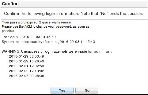 This image is a screen capture of the password expiry notification when the login banner is enabled.Shows previous login history and passwoprd expiry notification.