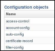 This image is a screen capture showing a sample of the alphabetical listing of congfiguration objects that the main pane displays.