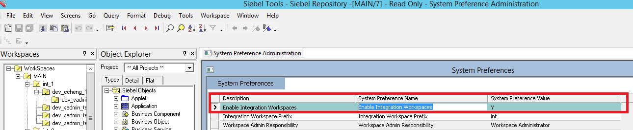 Example of Siebel Tools in Workspace mode displaying the workspace dashboard