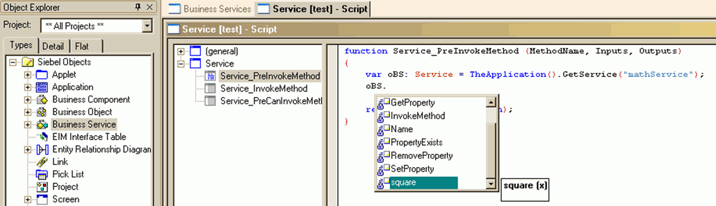 Example of a Script Assist Window That Displays the Business Service Methods That Are Available for the Math Service Script Library