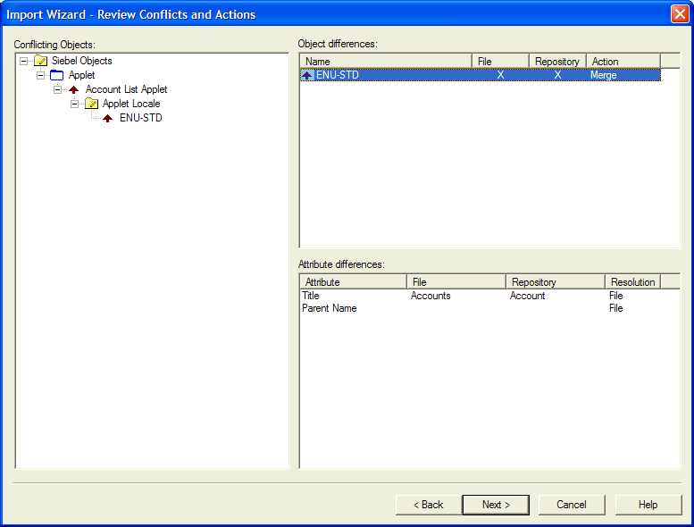 Review Conflicts and Actions Dialog Box of the Import Wizard