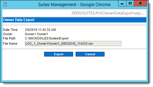 This figure shows the Owner Data Export window that lists the date and time, the person’s name, the destination file path of the export, the export file’s name, and selectable Export and Cancel buttons.