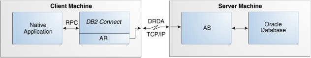 この図は、DB2サーバーをDB2 Connectに置き換えた接続モデルを示しています。