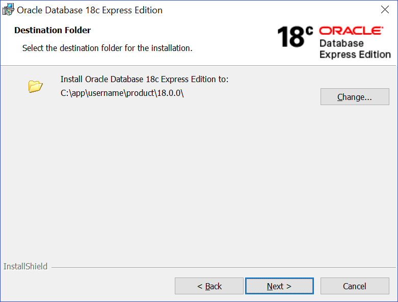 適切な宛先フォルダを選択して、Oracle Database Express Editionをインストールできます。