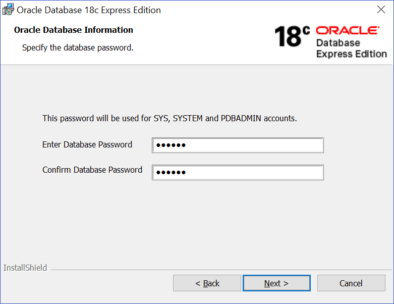 「データベース・パスワードの指定」ウィンドウで、SYS、SYSTEMおよびPDBADMINデータベース・アカウントに使用する単一のデータベース・パスワードを入力して確認できます。