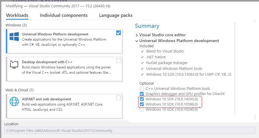 ユニバーサルwindowsプラットフォーム用の開発ツールの設定