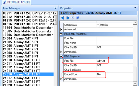 This figure shows the Embedded Fonts and their corresponding properties in Documaker Studio.