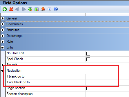This figure shows the option of using Tab Order via Navigation settings 'If blank go to' and 'If not blank go to' for Fields in Documaker Studio.