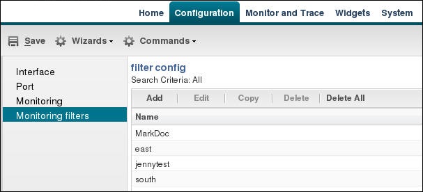 This screen capture shows the navigation pane of the Configuration tab, with the Monitoring Filters object highlighted, and displaying the filter config dialog.